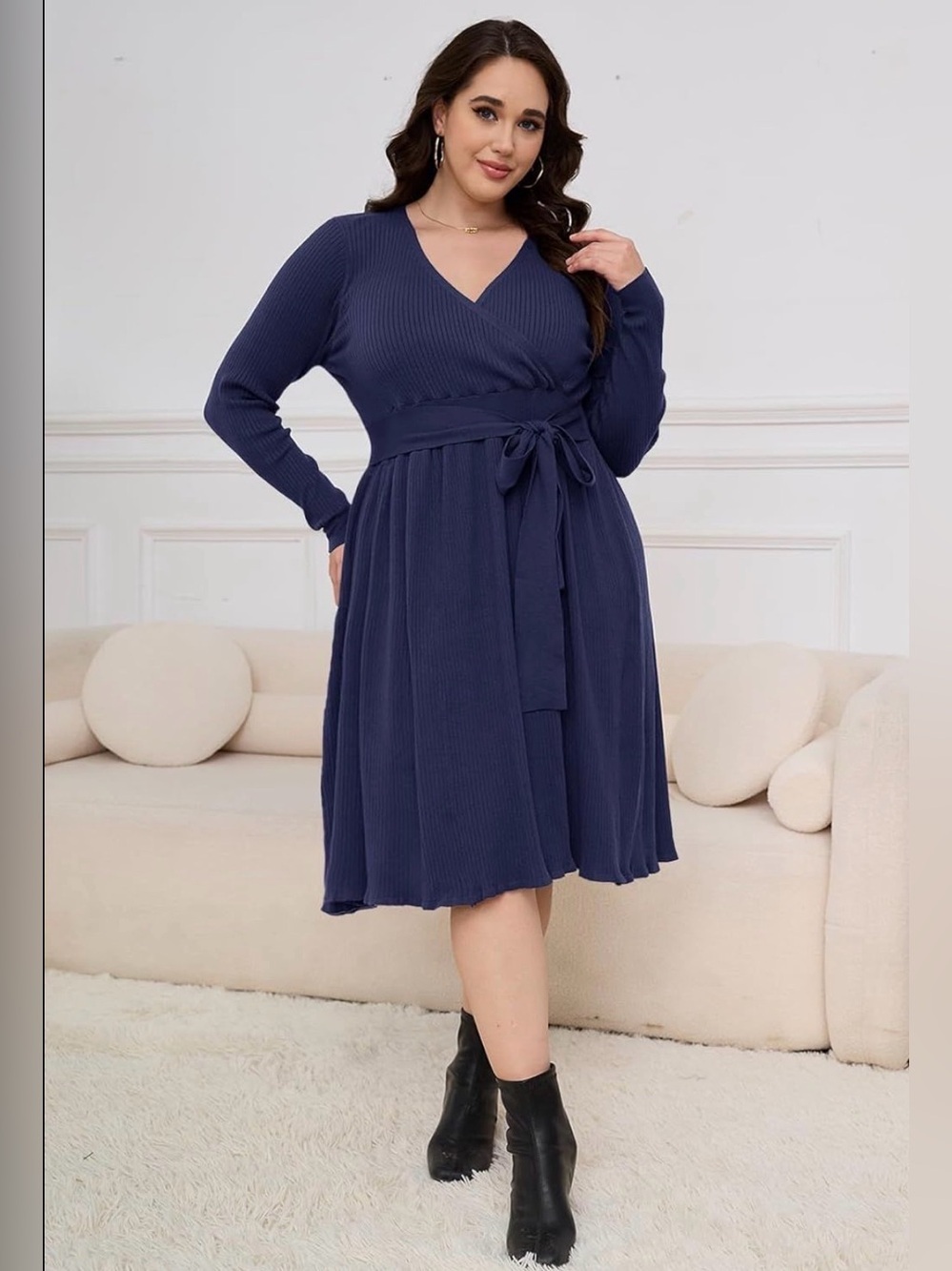 NWT Wrap-Front Navy Ribbed Sweater Dress Long-Sleeve A-Line V-Neck Plus 4XL 5XL